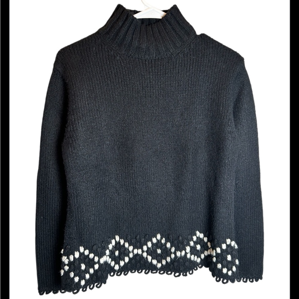 J Khaki Black Wool Blend Turtleneck Sweater With Pom Pom Detail On Bottom Size M